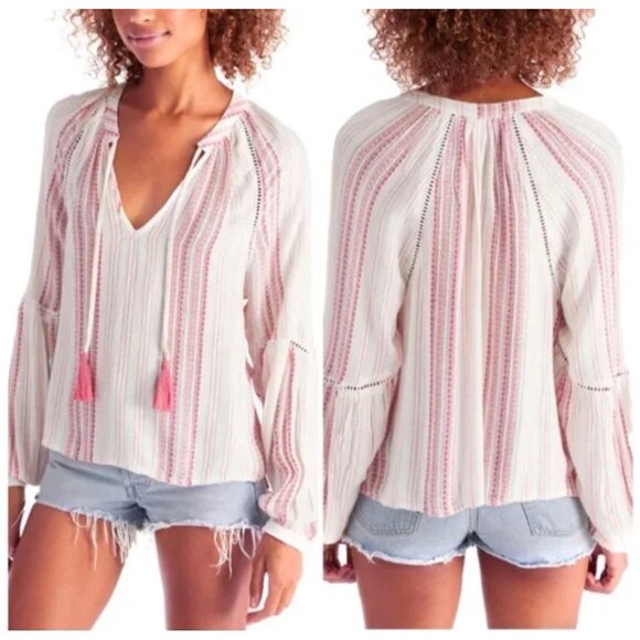 Allison New York Womens Striped Long Bell Sleeve Boho Top Tassels Crochet Artzy - Picture 16 of 16